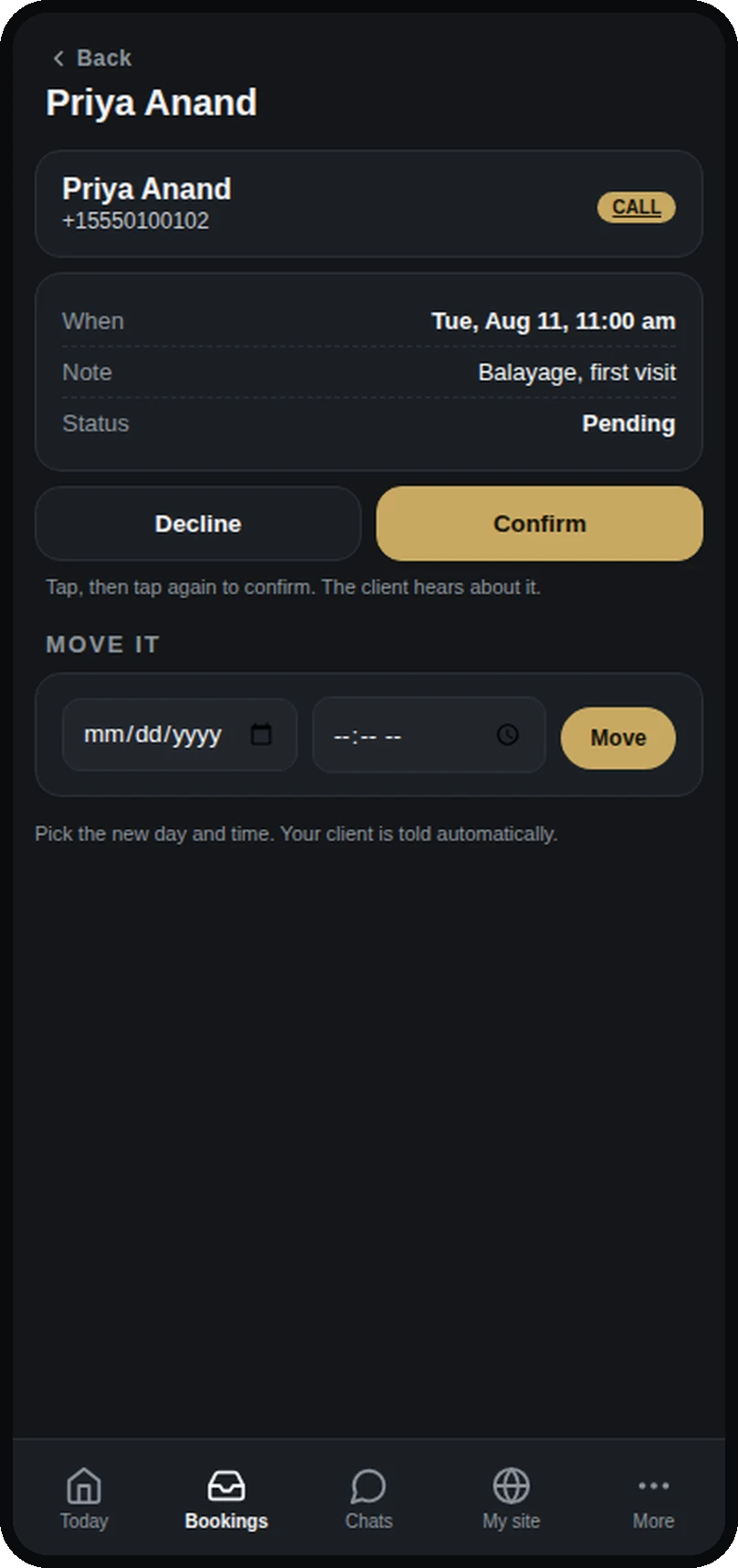 A booking open in the app, ready to confirm or move